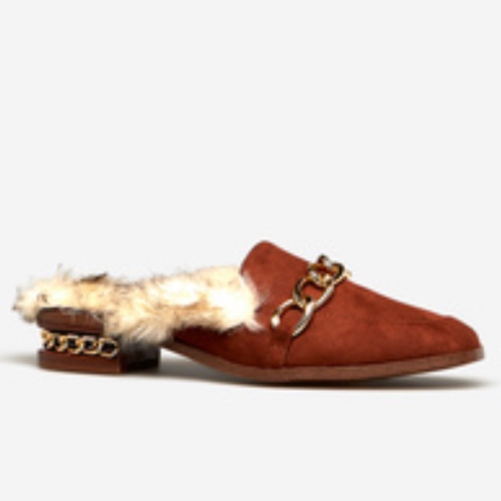 Bechara Embellished Flat Mule Loafer Faux Fur Lining Brown w Gold Chain Link NEW